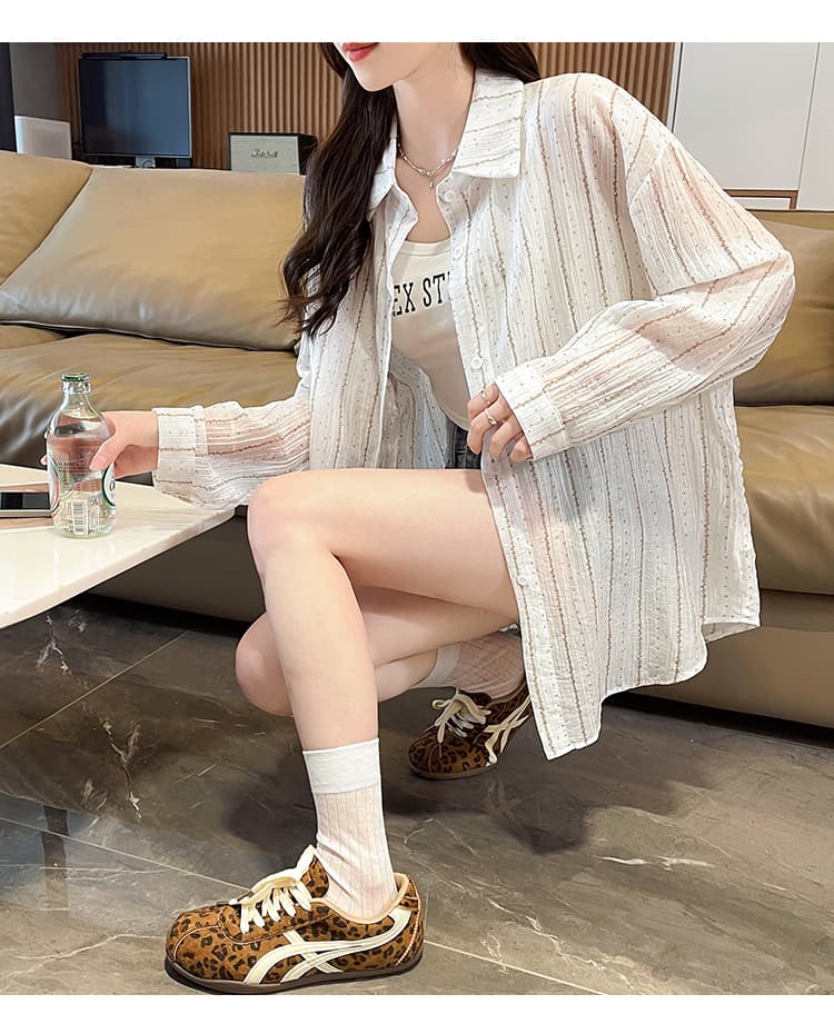 슈퍼 얇은 스타일 스트라이프 셔츠 여성 코트 여름 새로운 벨트 훈련 루즈핏 긴팔 작은 청신 통기성 얼음 실크 자외선 차단 복 상세 이미지 22