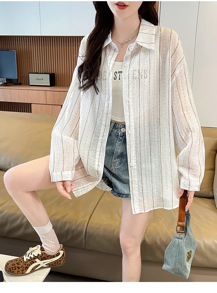 슈퍼 얇은 스타일 스트라이프 셔츠 여성 코트 여름 새로운 벨트 훈련 루즈핏 긴팔 작은 청신 통기성 얼음 실크 자외선 차단 복 상세 이미지 23