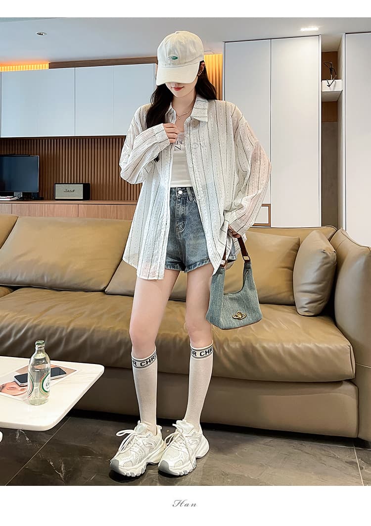 슈퍼 얇은 스타일 스트라이프 셔츠 여성 코트 여름 새로운 벨트 훈련 루즈핏 긴팔 작은 청신 통기성 얼음 실크 자외선 차단 복 상세 이미지 25
