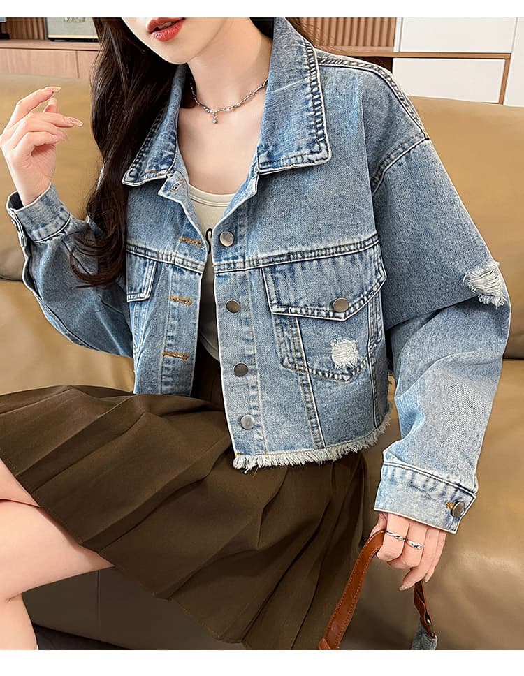 진한 파란색 유럽과 미국 대외 무역 국경 간 여성 의류 데님 재킷 가을 새로운 패션 거친 가장자리 찢어진 부분 데님 짧은 외투 상세 이미지 30