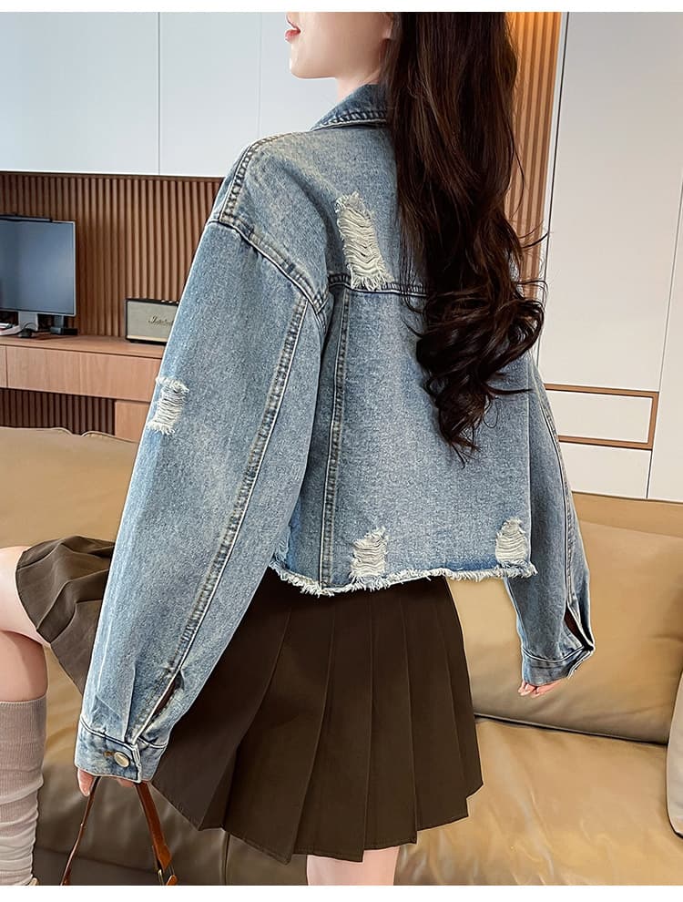 진한 파란색 유럽과 미국 대외 무역 국경 간 여성 의류 데님 재킷 가을 새로운 패션 거친 가장자리 찢어진 부분 데님 짧은 외투 상세 이미지 31