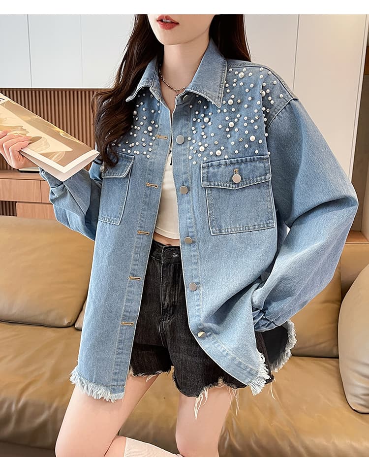 AliExpress 독립적 인 역 국경 간 2026 봄 가을 여성 긴팔 재킷 맨위 거친 가장자리 술 징 데님 재킷 상세 이미지 15
