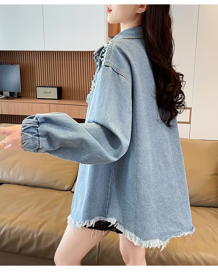AliExpress 독립적 인 역 국경 간 2026 봄 가을 여성 긴팔 재킷 맨위 거친 가장자리 술 징 데님 재킷 상세 이미지 17