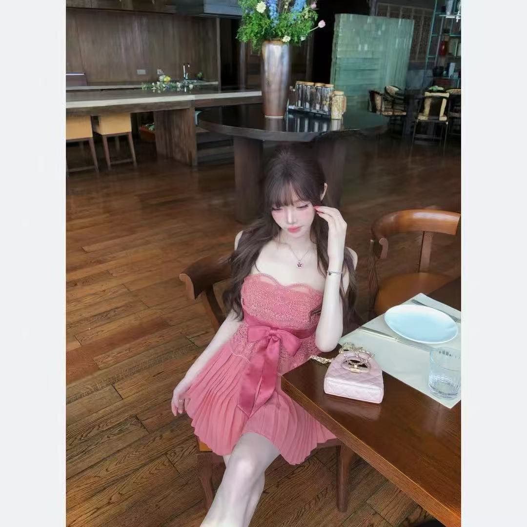 린 린 있음 바쁜 복숭아 그것 악마 악마 고대 조기 슬립 무거운 작업 레이스 슬림해 보이는 나비 매듭 플리츠 드레스 이미지 3