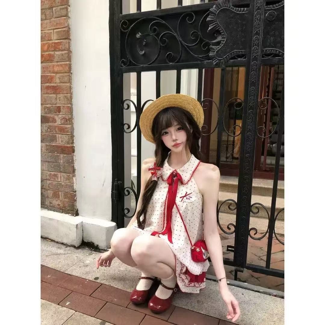린 린 있음 바쁜 딸기 고통 위로 빨간색 도트 무늬 폴로 칼라 조끼 어깨 루즈핏 레이스 나비 매듭 드레스 상세 이미지 2