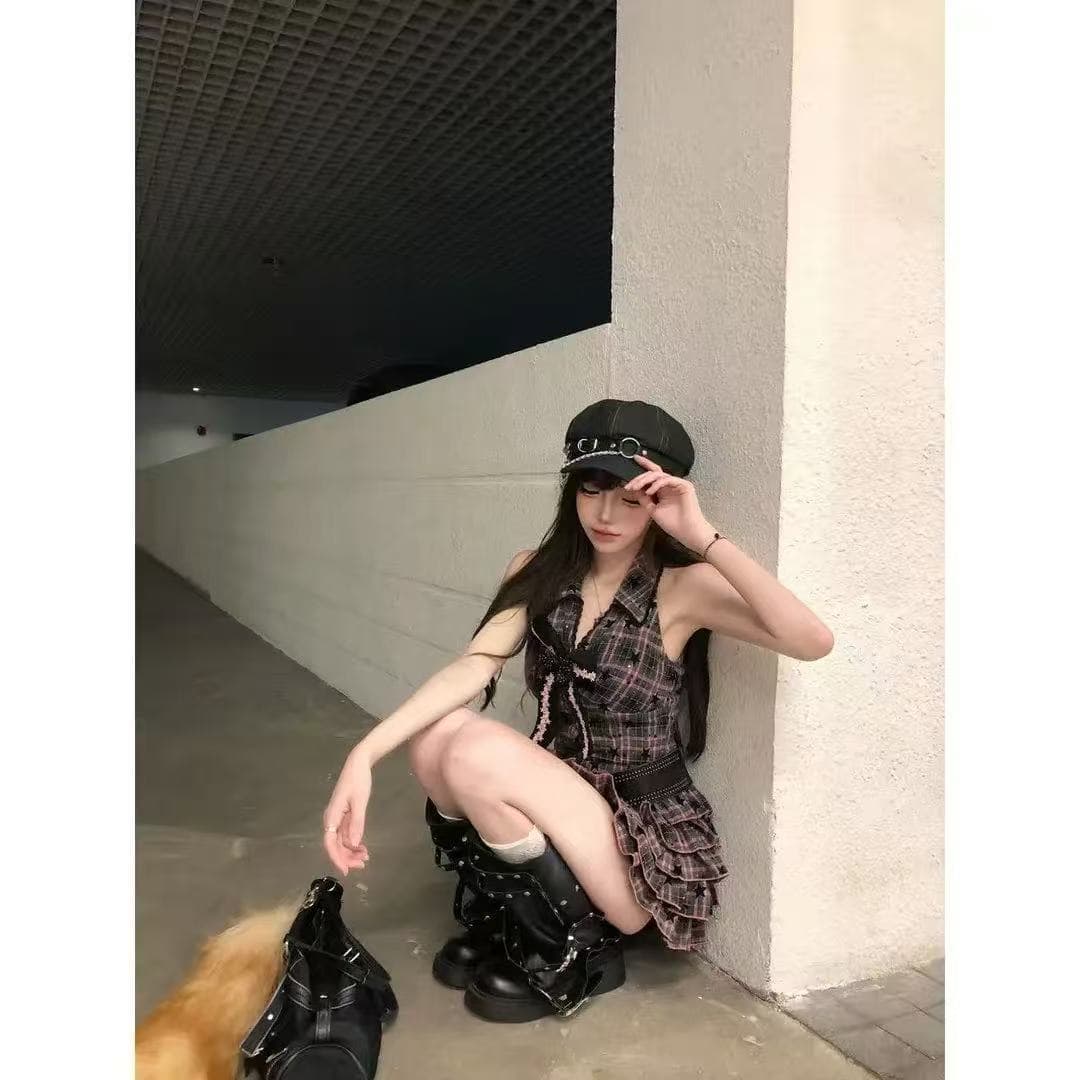 린 린 있음 바쁜 라스베리 과일 검은 숲 블랙 분말 그리드 별 다이아몬드 잘 생긴 V넥 뒤집다 어깨 조끼 수준 드레스 상세 이미지 4