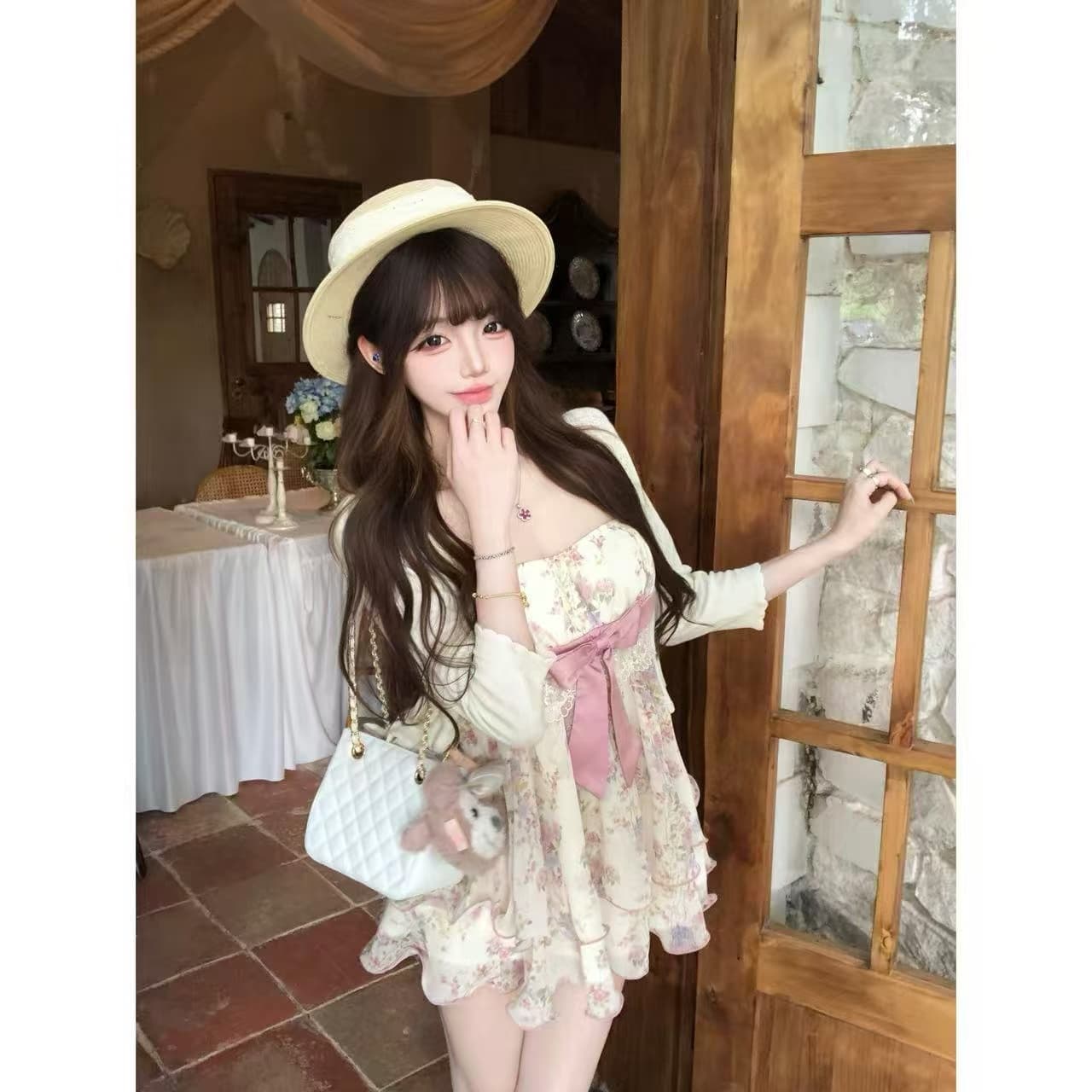 린 린 있음 바쁜 분말 복숭아 달콤한 차 슬립 명중 가져 가라. 숨기기 고기 루즈핏 고대 조기 꽃 나비 매듭 레이스 수준 상세 이미지 2