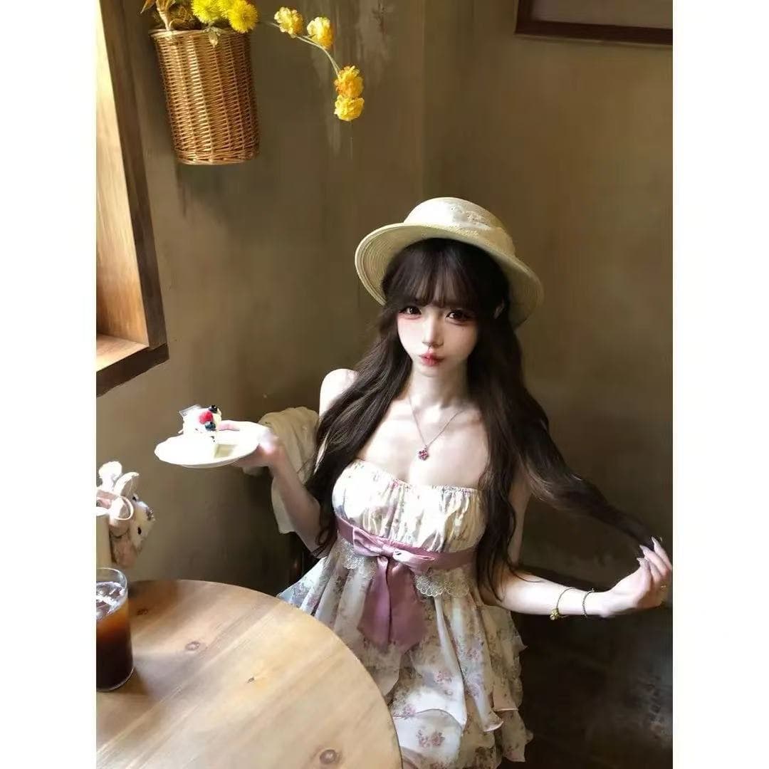 린 린 있음 바쁜 분말 복숭아 달콤한 차 슬립 명중 가져 가라. 숨기기 고기 루즈핏 고대 조기 꽃 나비 매듭 레이스 수준 상세 이미지 4
