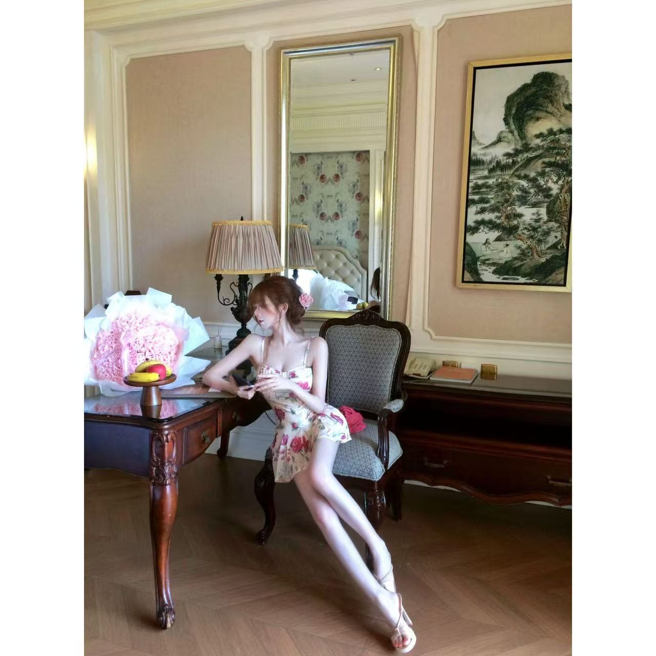 루이 茜 웨이 Sher S 낭만주의 꽃 집 여름 순수한 욕망 바람 작은 대중 전원 오픈 가디건 슬립 드레스 r9500d 이미지 2
