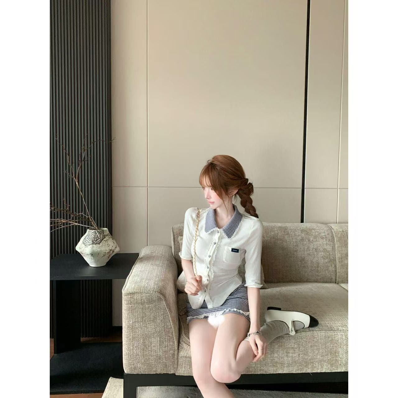 루이 茜 웨이 Sher S 반도 학습 지 여름 순수한 욕망 바람 작은 대중 디자인 셔츠 맨위 반 스커트 r50092-1x 이미지 5