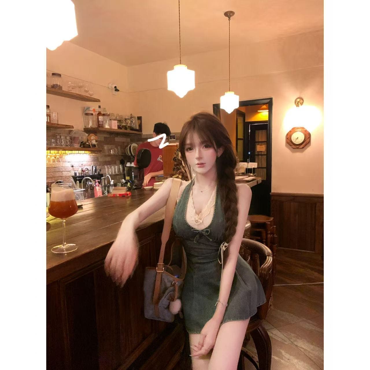 루이 茜 웨이 Sher S 서울 휴일 한국 스타일 레이스 인사이드 가져 가라. 작은 대중 디자인 데님 드레스 r3666-1w 상세 이미지 5
