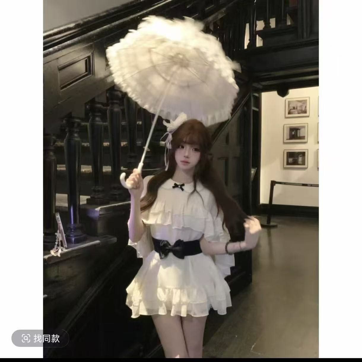 린 린 있음 바쁜 화이트 원사 이동 꿈 고대 조기 천 골드 베이비 칼라 망토 쉬폰 연꽃 잎 레이스 드레스 이미지 2
