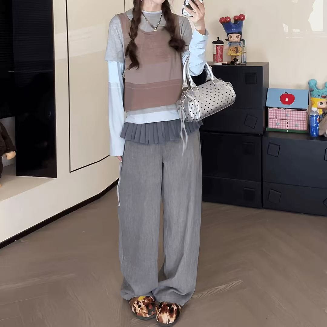 chacha 회색 블루 스택 그림자 캐주얼 패션 다용도 커피 회색 블루 세 싸움 티셔츠 바지 상세 이미지 5