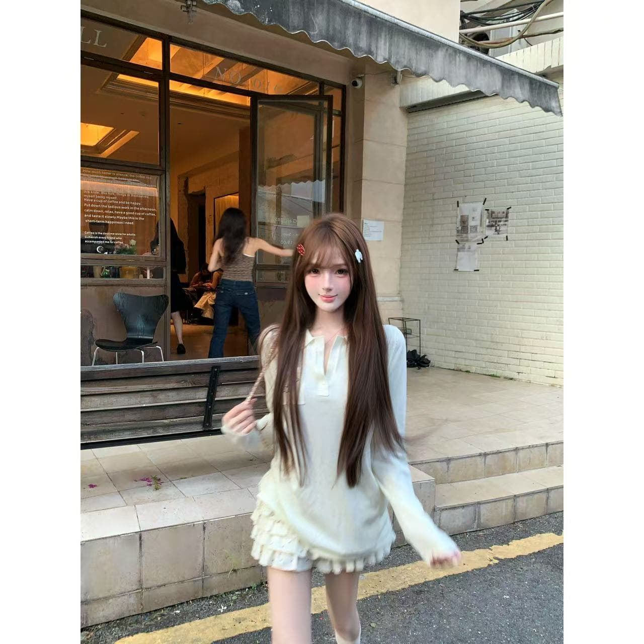 루이 茜 웨이 Sher S 우유 찹쌀 달콤한 자매 이른 가을 캐주얼 바람 작은 대중 디자인 긴팔 맨위 반 스커트 r66912h 이미지 4