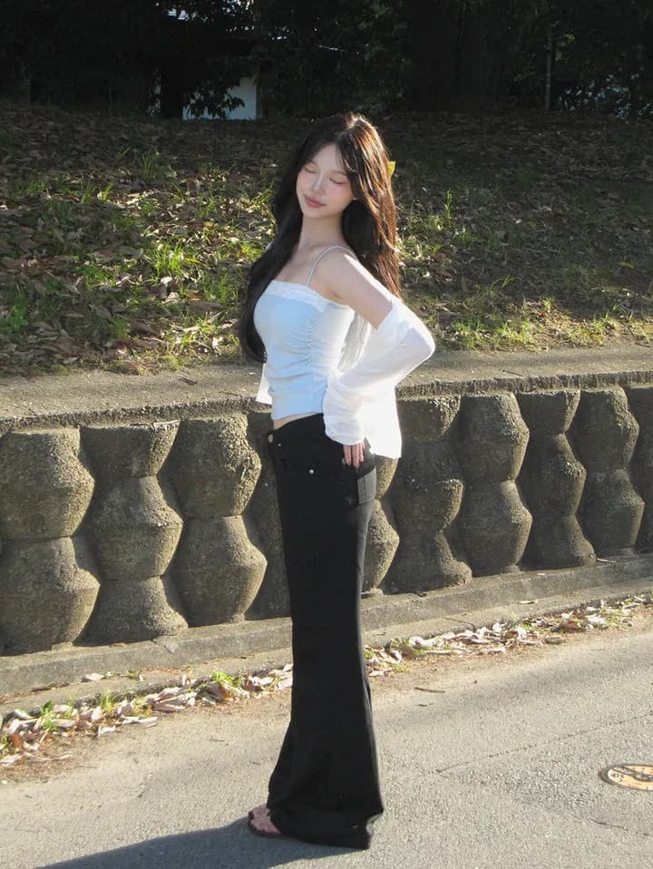 쉬폰 차가운 센스 면 중간 길이 와이드 레그 팬츠 4 색 상세 이미지 48