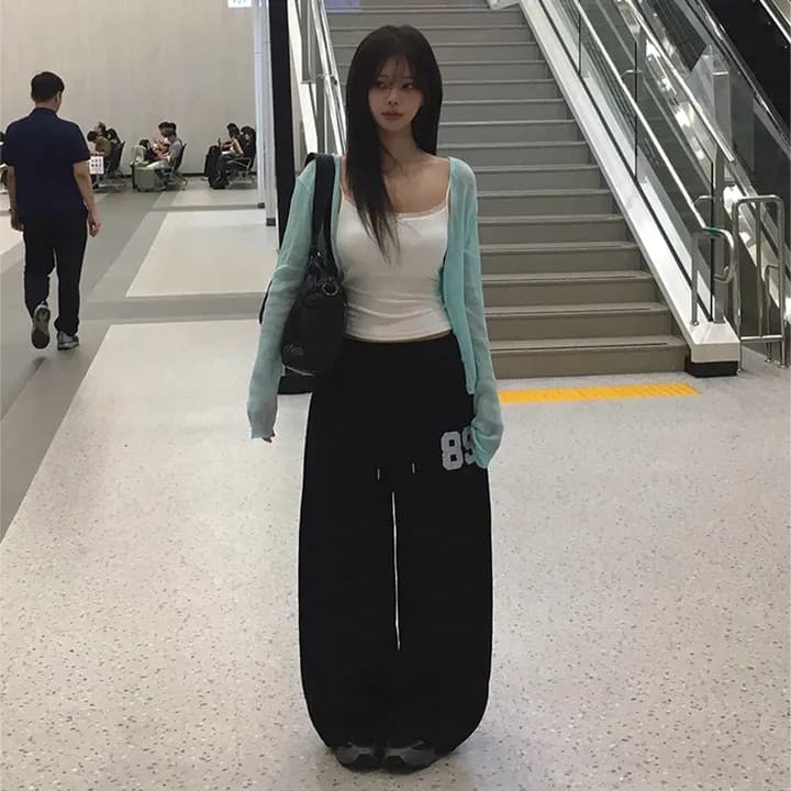 알파벳 프린트 폴딩 넓은 다리 조거 훈련 바지 2 색