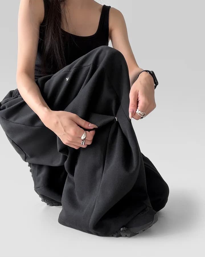 은 버클 v Pleat 허리밴드 넓은 다리 훈련 바지 상세 이미지 11