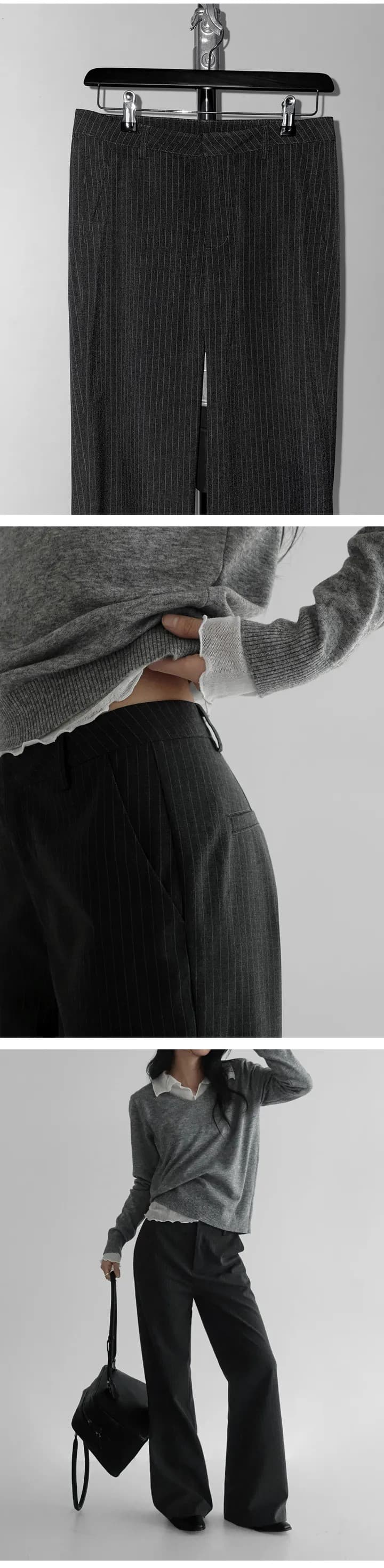 mnq 엄마 De 린 스트라이프 로우 웨이스트 와이드 레그 팬츠 상세 이미지 3