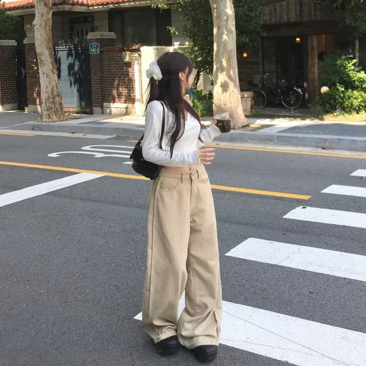 재스민 만 선택 사항 길다 스냅 단추 블랙 xl 면 소재 하이웨이스트 조정 와이드 레그 팬츠 상세 이미지 29