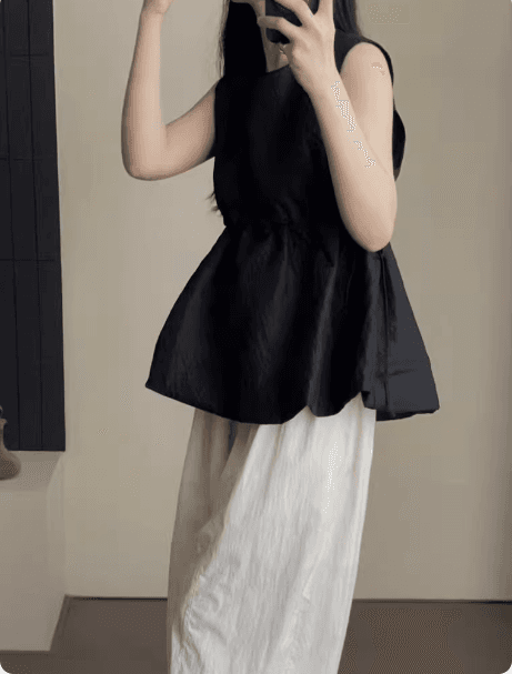 한 부서 디자인 센스 레이스업 허리 수축 작은 치마 풀오버 조끼 맨위 여성 여름 품격 라운드 넥 민소매 인형 셔츠 이미지 4