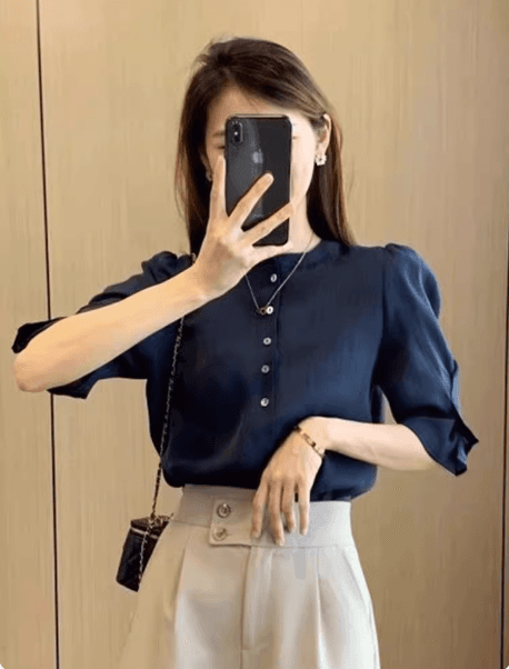 프랑스식 반팔 쉬폰 여성 셔츠 2026 여름 새로운 뒤로 레이스업 나비 매듭 고급 센스 거품 소매 맨위 이미지 2