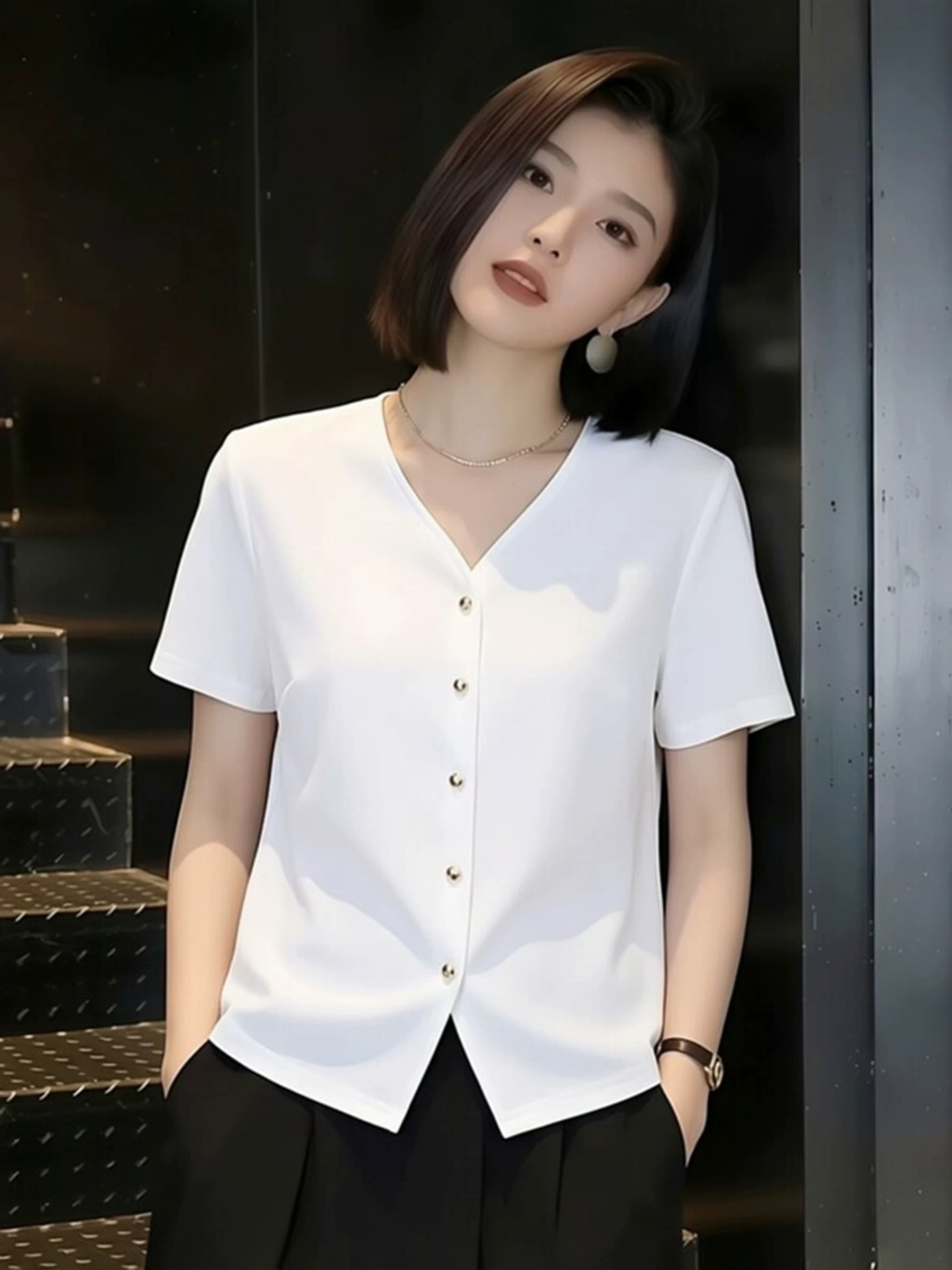 pllfs 패션 화이트 미니멀리즘 V넥 여성 셔츠 2026 여름 새로운 반팔 루즈핏 캐주얼 오픈 가디건 맨위 상세 이미지 5