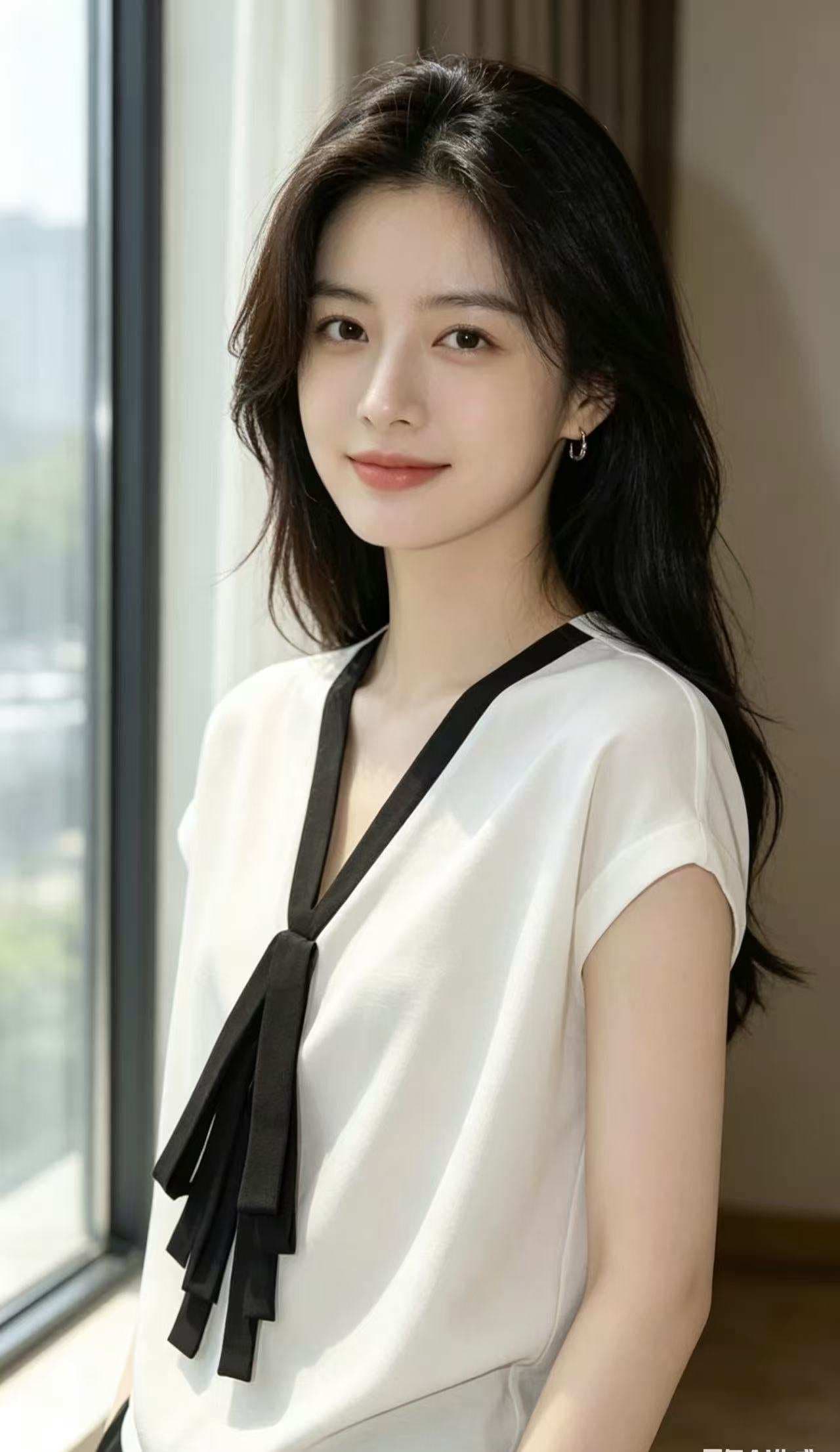 미니멀리즘 고급 센스 쌀 화이트 V넥 맨위 2026 여름 새로운 배색 리본 패션 외국 가스 출퇴근 맨위 상세 이미지 2