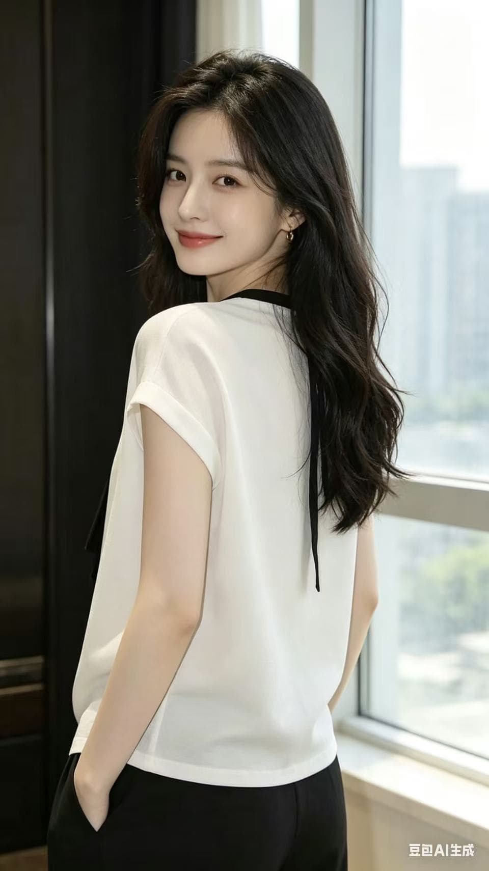 미니멀리즘 고급 센스 쌀 화이트 V넥 맨위 2026 여름 새로운 배색 리본 패션 외국 가스 출퇴근 맨위 상세 이미지 5