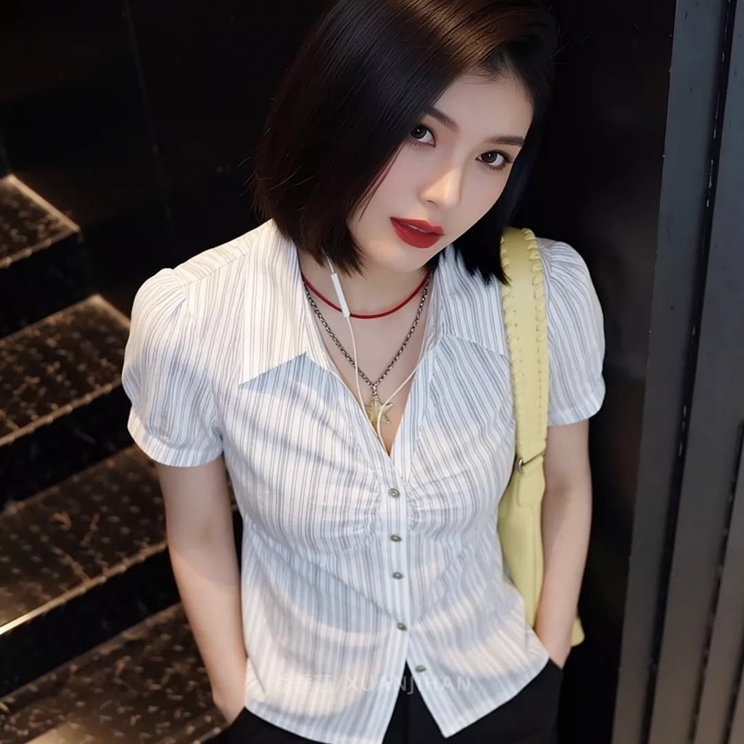 2026 여름 새로운 프랑스식 스트라이프 반팔 여성 셔츠 미니멀리즘 허리 수축 슬림해 보이는 빅 사이즈 빛 럭셔리 바람 맨위 트렌드 이미지 5