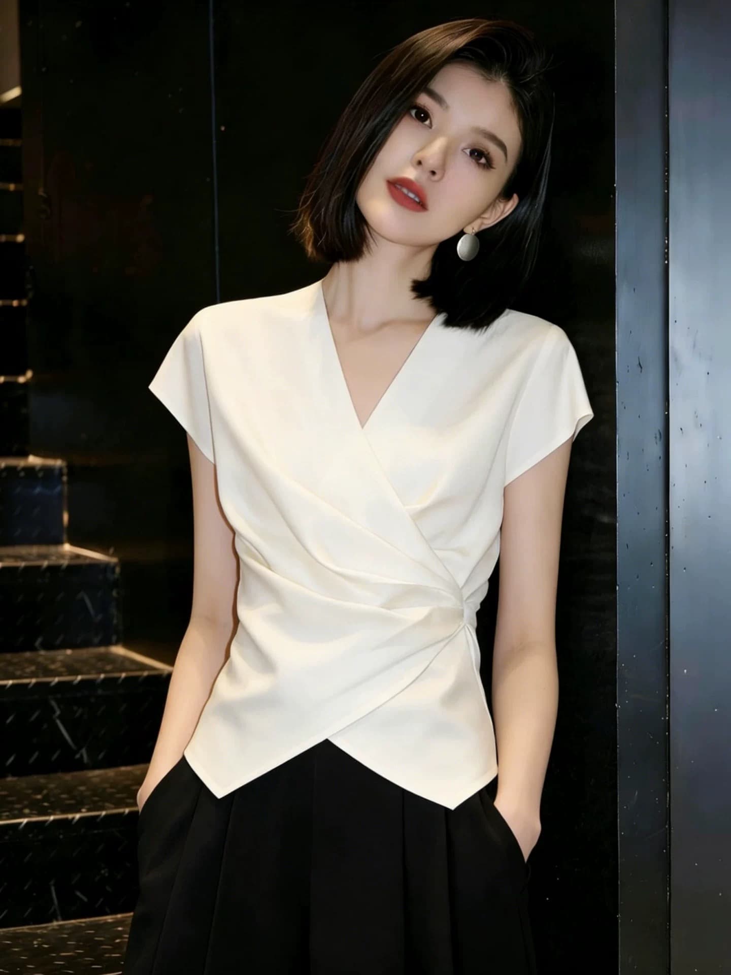 프랑스식 빛 럭셔리 베이지 색 V 넥 셔츠 여자 반팔 2026 새로운 품격 맨위 십자가 비틀림 기본 셔츠 이미지 3