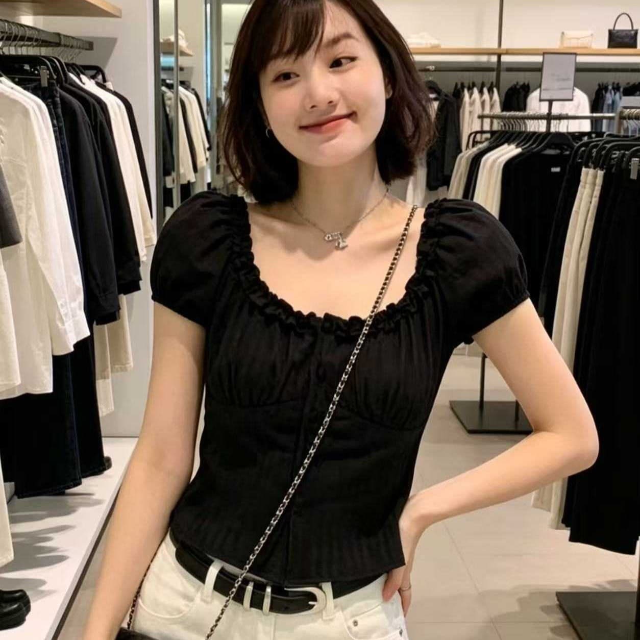 하트 비트 디자인 센스 둘 착용 칼라 프랑스식 바람 종소리 맨위 수 있습니다. 오프숄더 질감 몸매 가꾸기 쇼트 스타일 작은 셔츠 이미지 5