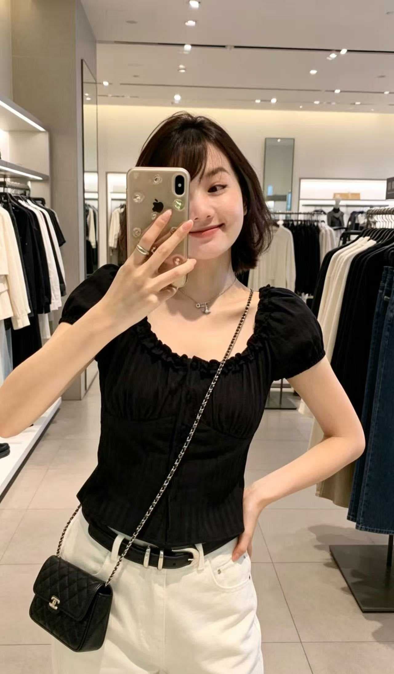 하트 비트 디자인 센스 둘 착용 칼라 프랑스식 바람 종소리 맨위 수 있습니다. 오프숄더 질감 몸매 가꾸기 쇼트 스타일 작은 셔츠 상세 이미지 7
