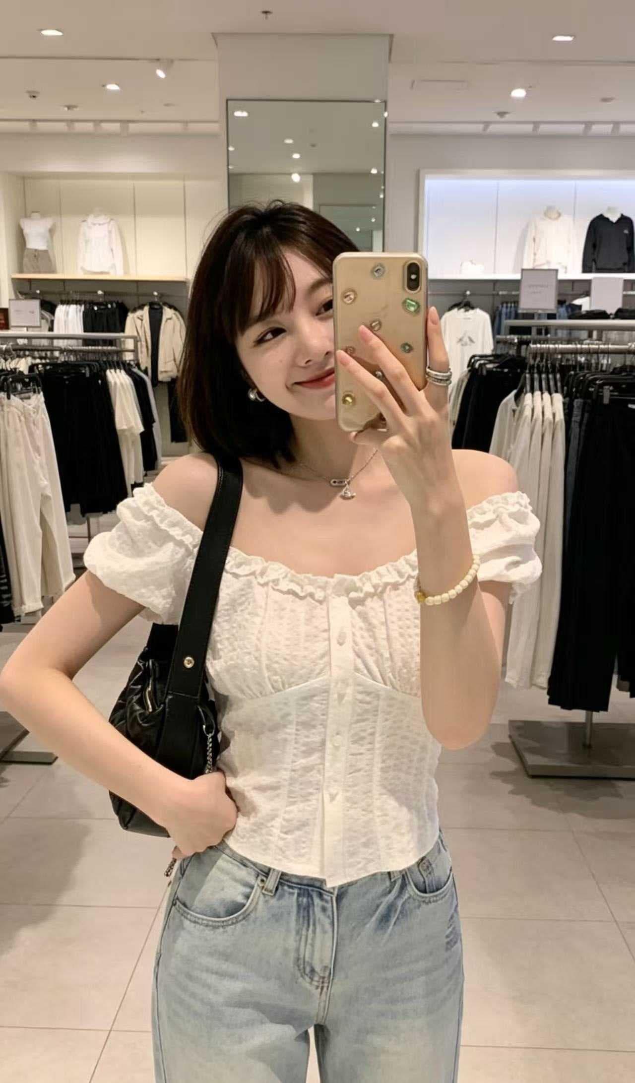 하트 비트 디자인 센스 둘 착용 칼라 프랑스식 바람 종소리 맨위 수 있습니다. 오프숄더 질감 몸매 가꾸기 쇼트 스타일 작은 셔츠 상세 이미지 8