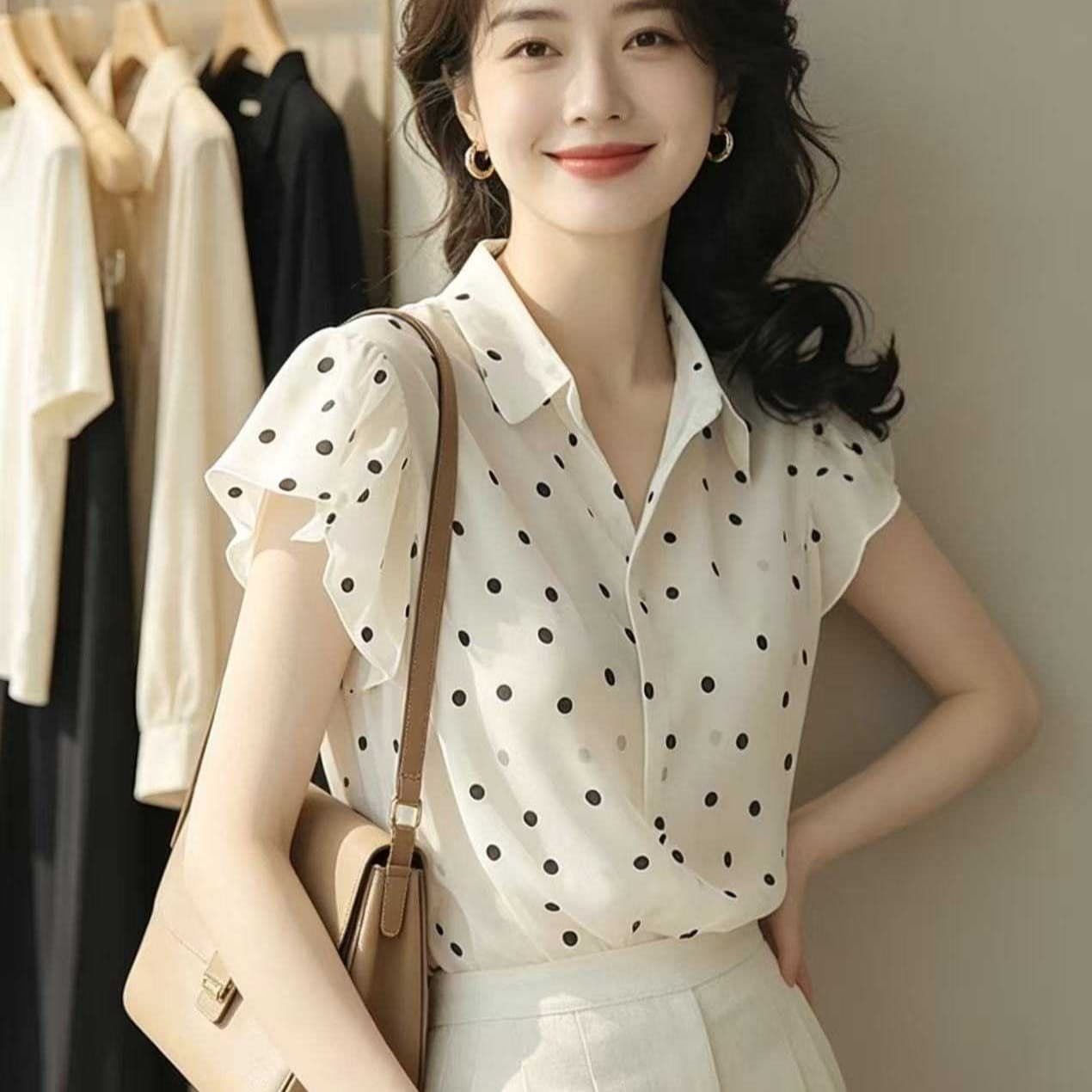 패션 Chic 우아함 도트 무늬 폴로 칼라 반팔 여성 셔츠 여름 슈퍼 잘 생긴 다용도 작은 대중 화이트 외국 가스 맨위 이미지 5