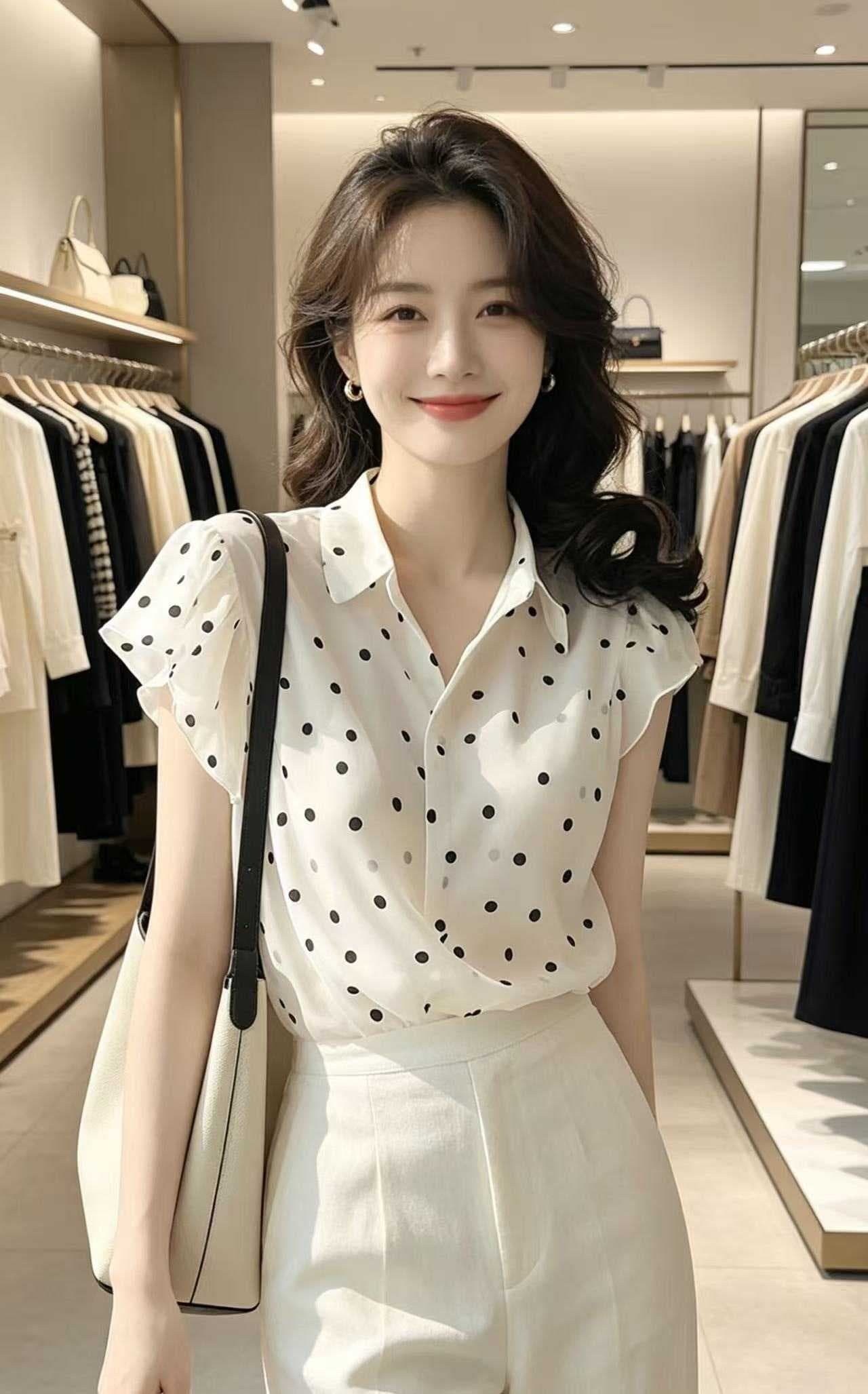 패션 Chic 우아함 도트 무늬 폴로 칼라 반팔 여성 셔츠 여름 슈퍼 잘 생긴 다용도 작은 대중 화이트 외국 가스 맨위 상세 이미지 2