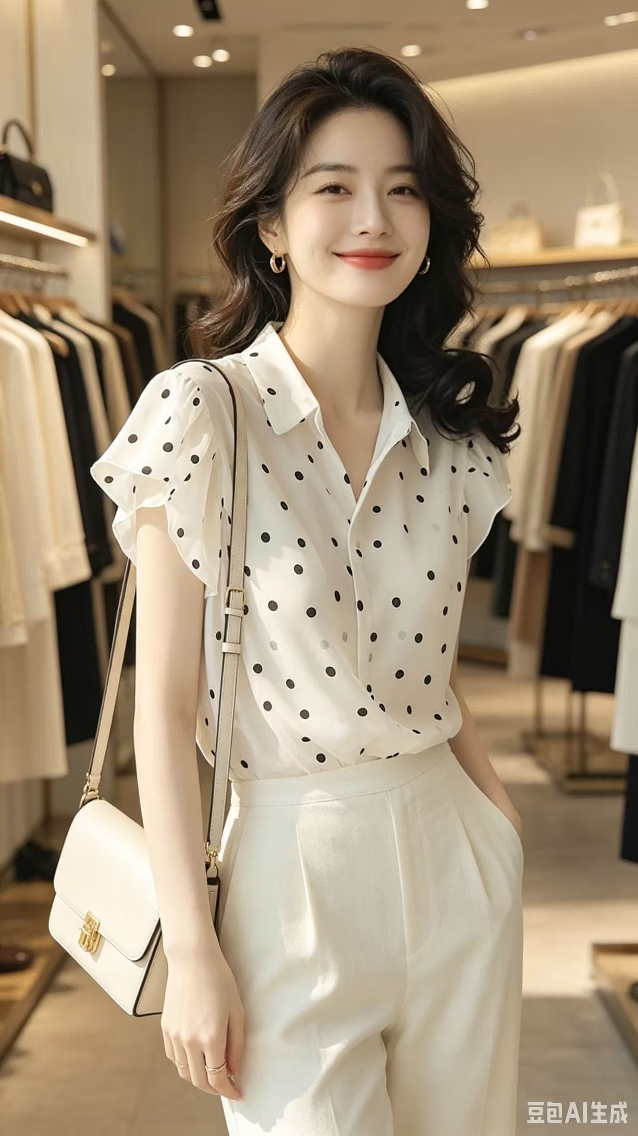 패션 Chic 우아함 도트 무늬 폴로 칼라 반팔 여성 셔츠 여름 슈퍼 잘 생긴 다용도 작은 대중 화이트 외국 가스 맨위 상세 이미지 4