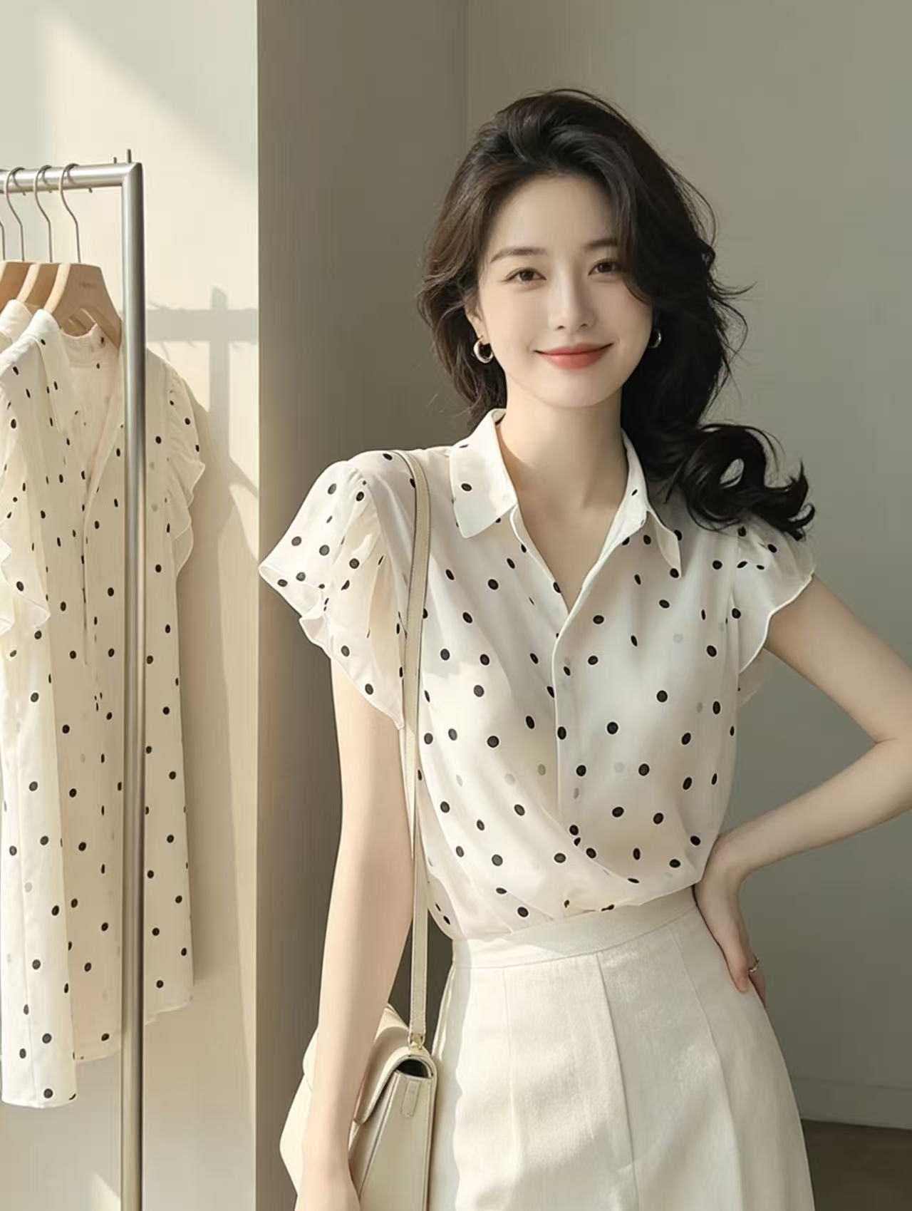 패션 Chic 우아함 도트 무늬 폴로 칼라 반팔 여성 셔츠 여름 슈퍼 잘 생긴 다용도 작은 대중 화이트 외국 가스 맨위 상세 이미지 7
