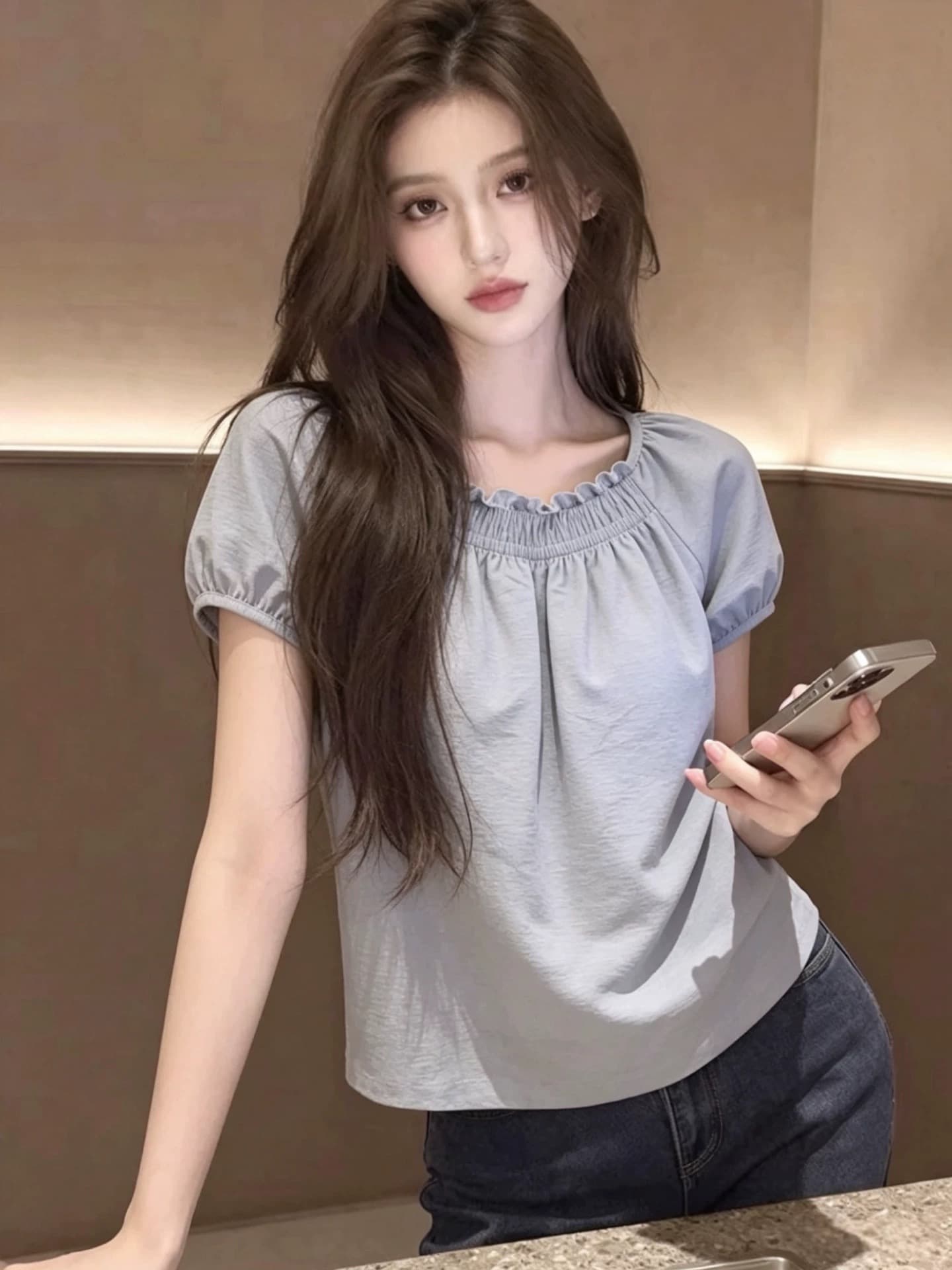 회색 반팔 셔츠 여자 2026 새로운 여름 프랑스식 주름 프릴 자이언트 잘 생긴 여성 맨위 셔츠 이미지 4