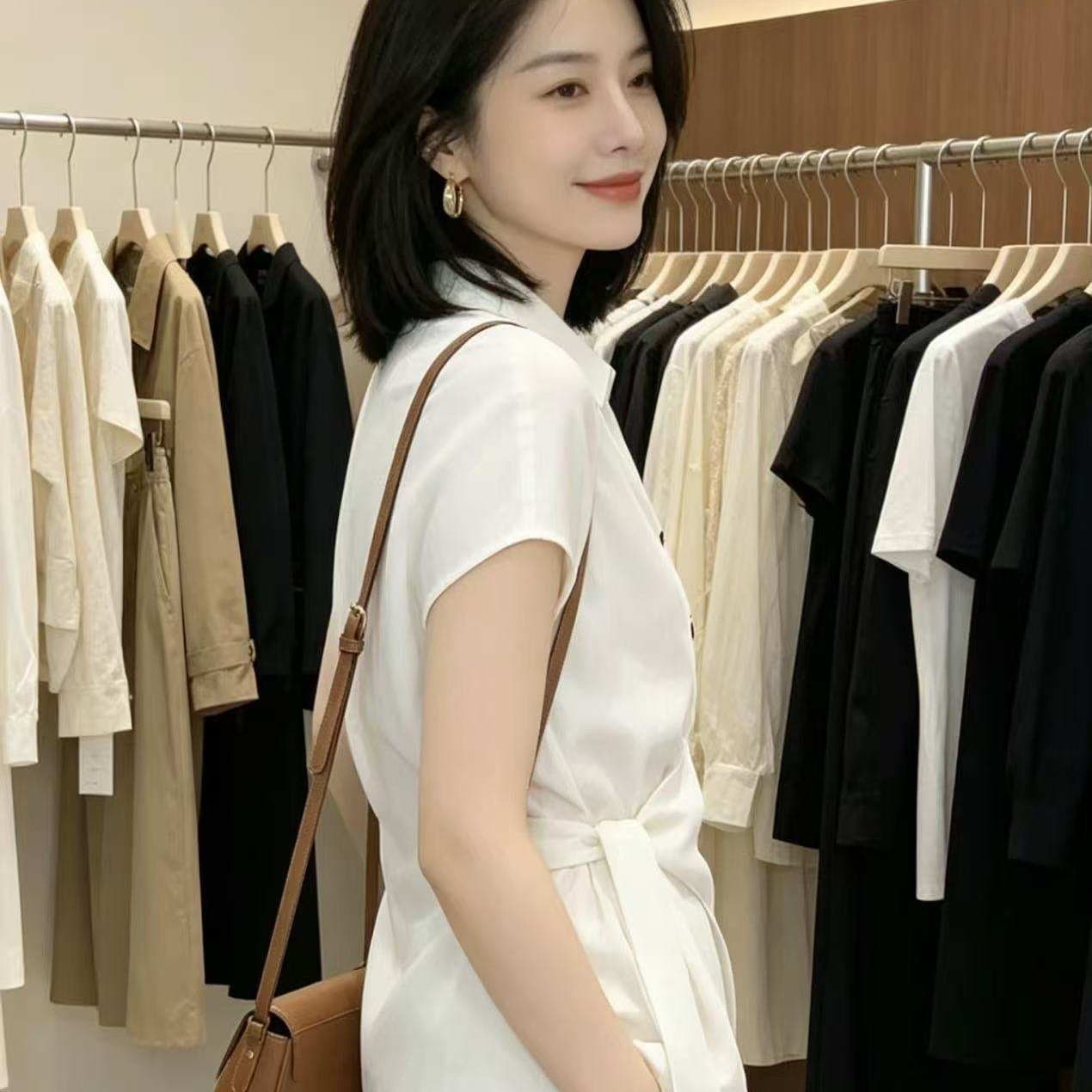 여름 한국 스타일 패션 반팔 여성 셔츠 허리 수축 레이스업 폴로 칼라 슬림해 보이는 디자인 센스 화이트 맨위 품격 출퇴근 이미지 5