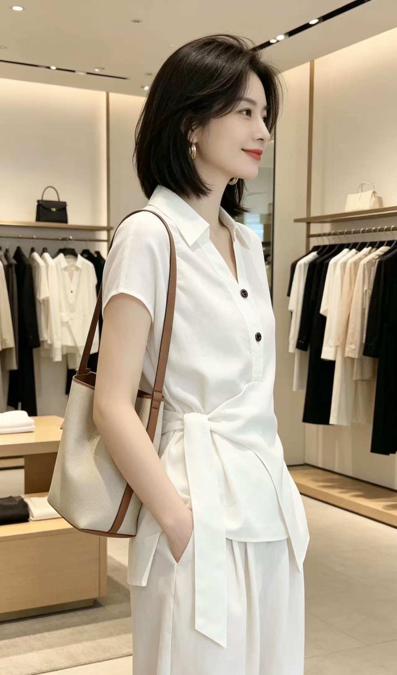 여름 한국 스타일 패션 반팔 여성 셔츠 허리 수축 레이스업 폴로 칼라 슬림해 보이는 디자인 센스 화이트 맨위 품격 출퇴근 상세 이미지 1