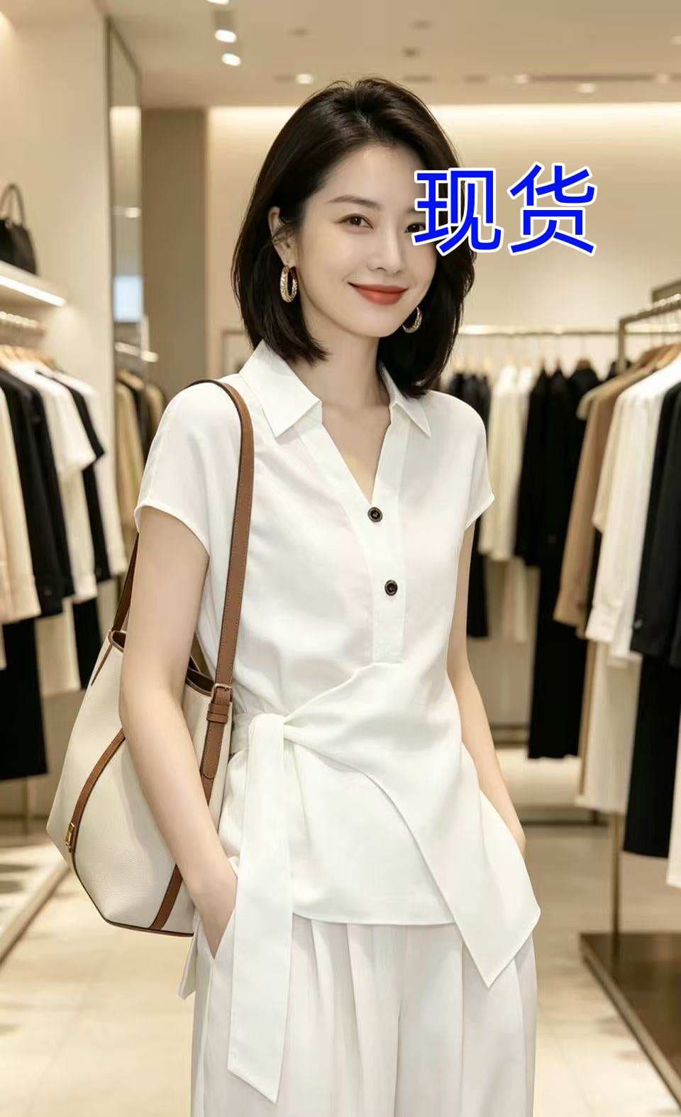 여름 한국 스타일 패션 반팔 여성 셔츠 허리 수축 레이스업 폴로 칼라 슬림해 보이는 디자인 센스 화이트 맨위 품격 출퇴근