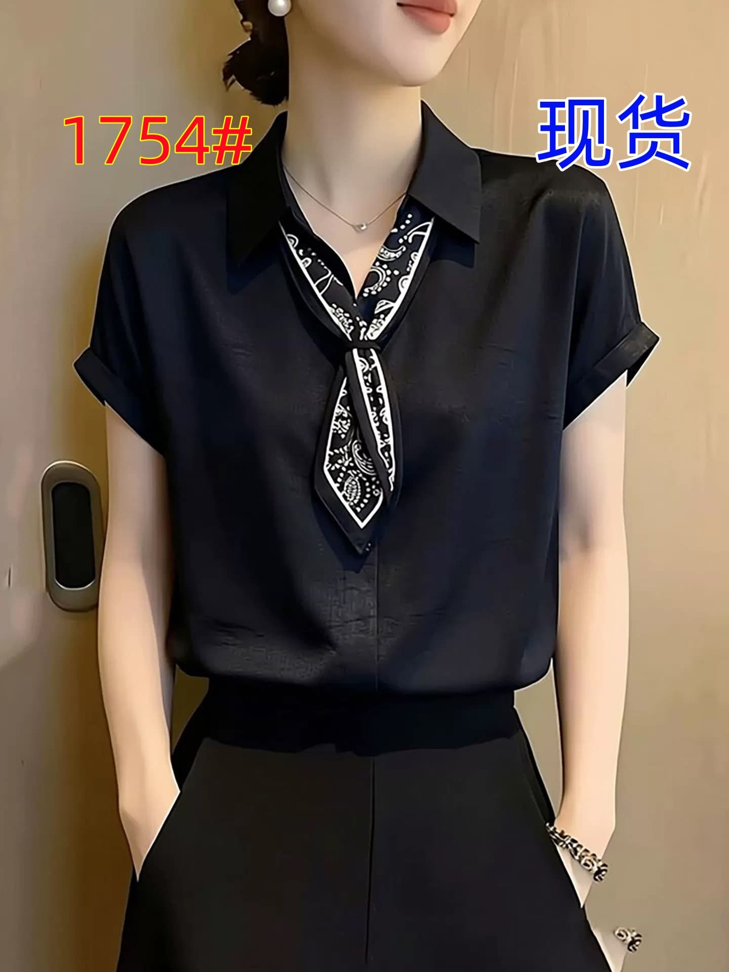 아메리칸 검정색 스카프 레이스업 우아함 반팔 여성 셔츠 2026 여름 새로운 POLO 칼라 출퇴근 품격 맨위