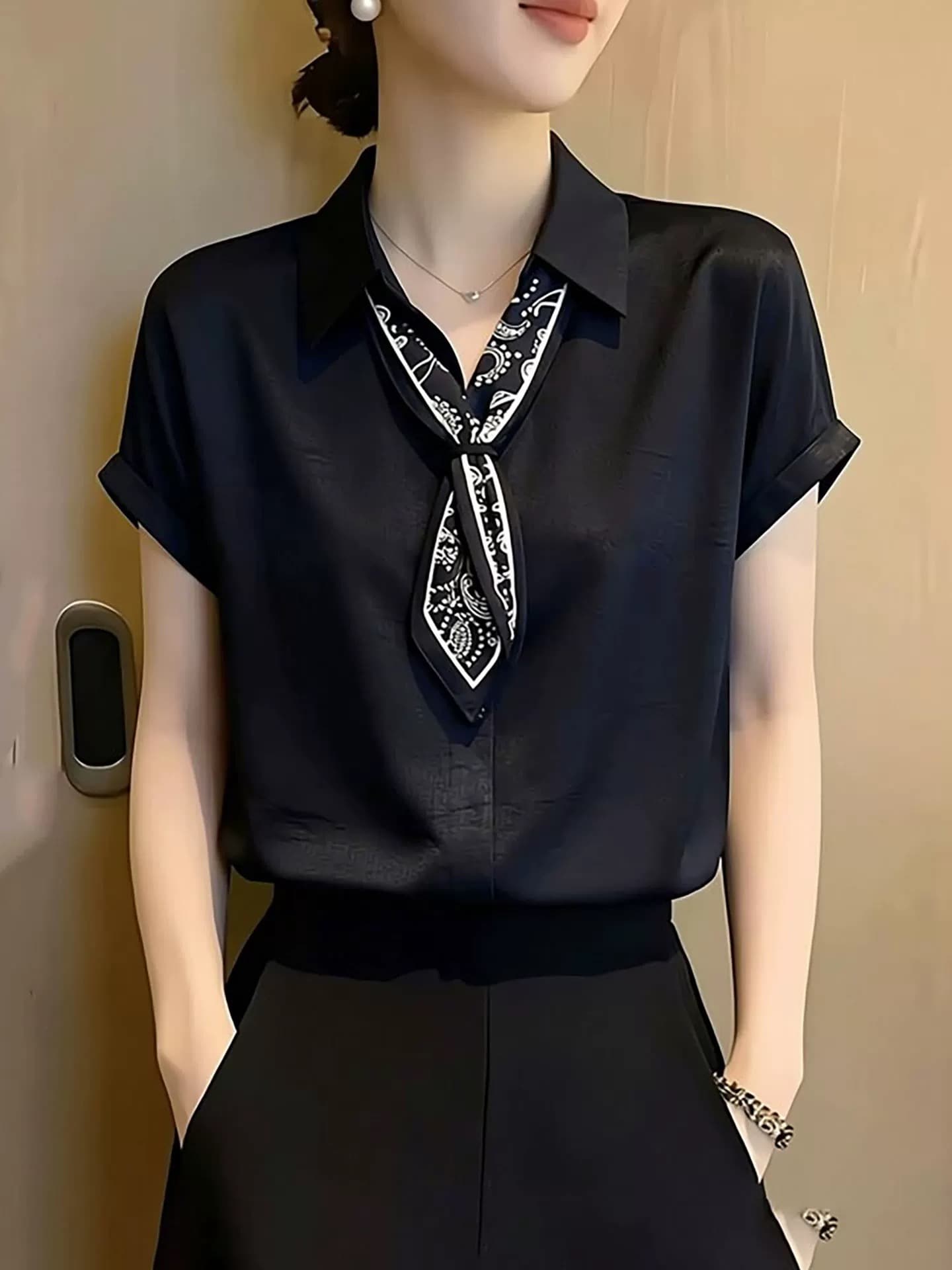 아메리칸 검정색 스카프 레이스업 우아함 반팔 여성 셔츠 2026 여름 새로운 POLO 칼라 출퇴근 품격 맨위 상세 이미지 4
