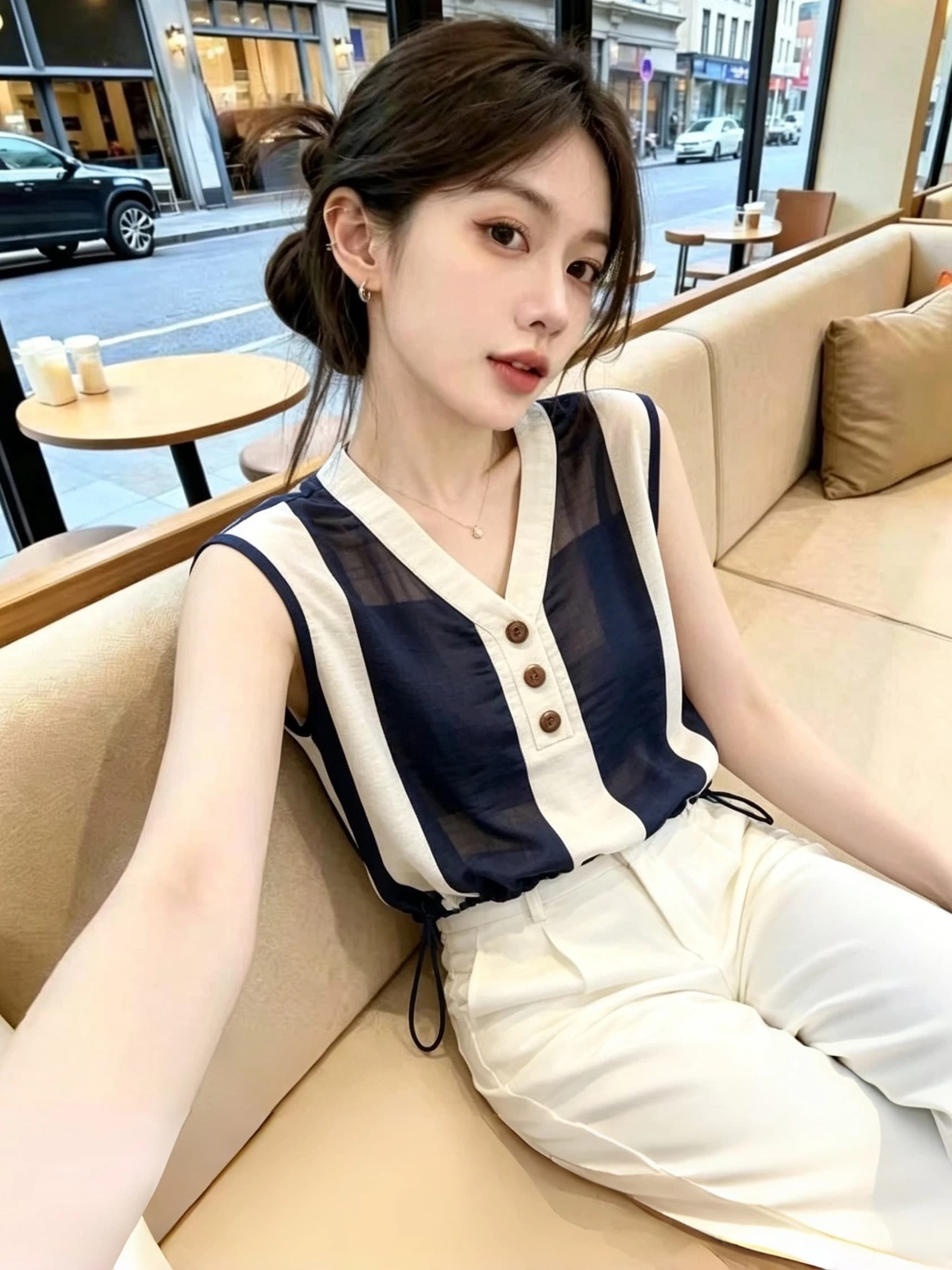 패션 배색 스트라이프 V넥 민소매 셔츠 여성 여름 새로운 작은 셔츠 올해 인기 외국 가스 연령 감소 맨위 이미지 4