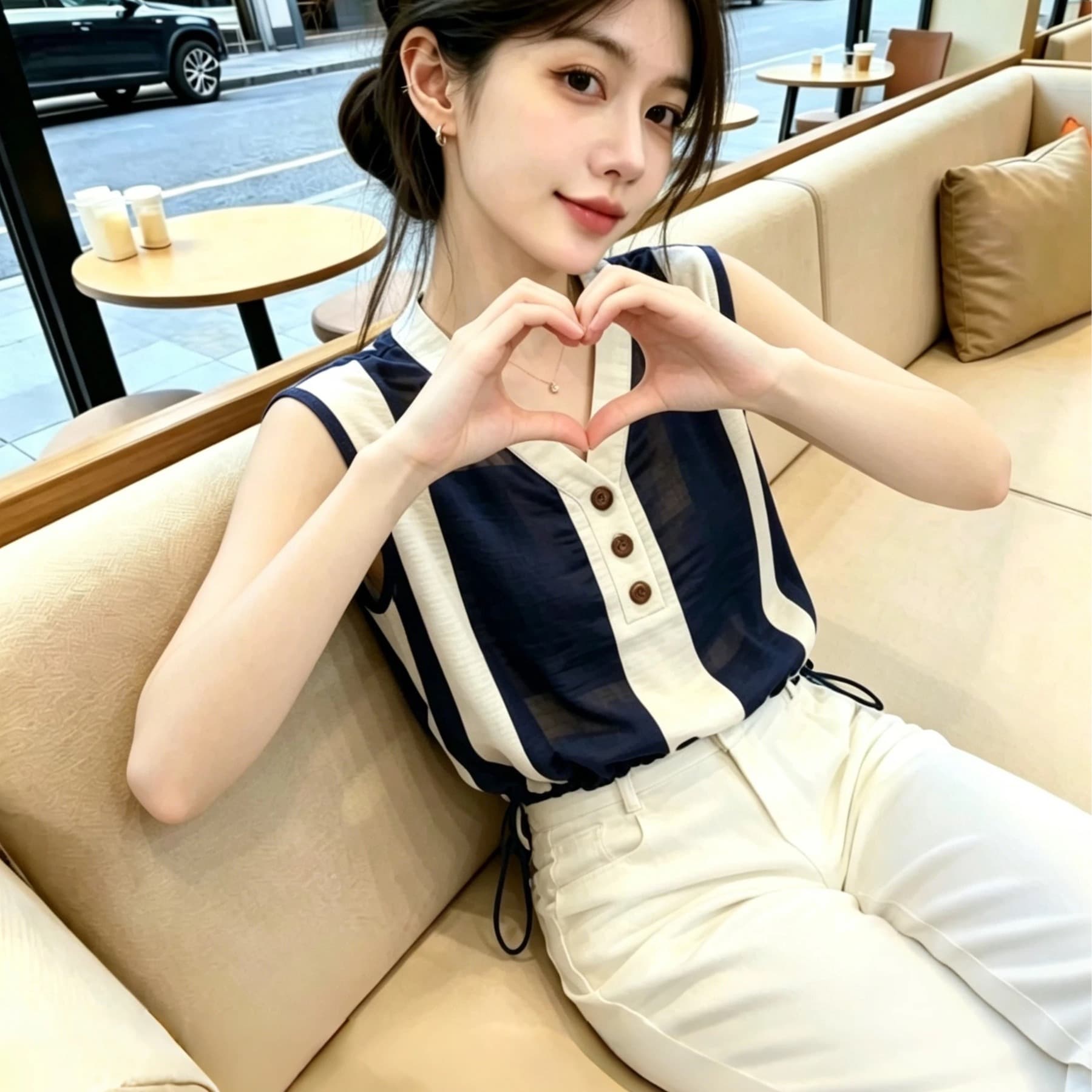 패션 배색 스트라이프 V넥 민소매 셔츠 여성 여름 새로운 작은 셔츠 올해 인기 외국 가스 연령 감소 맨위 이미지 5