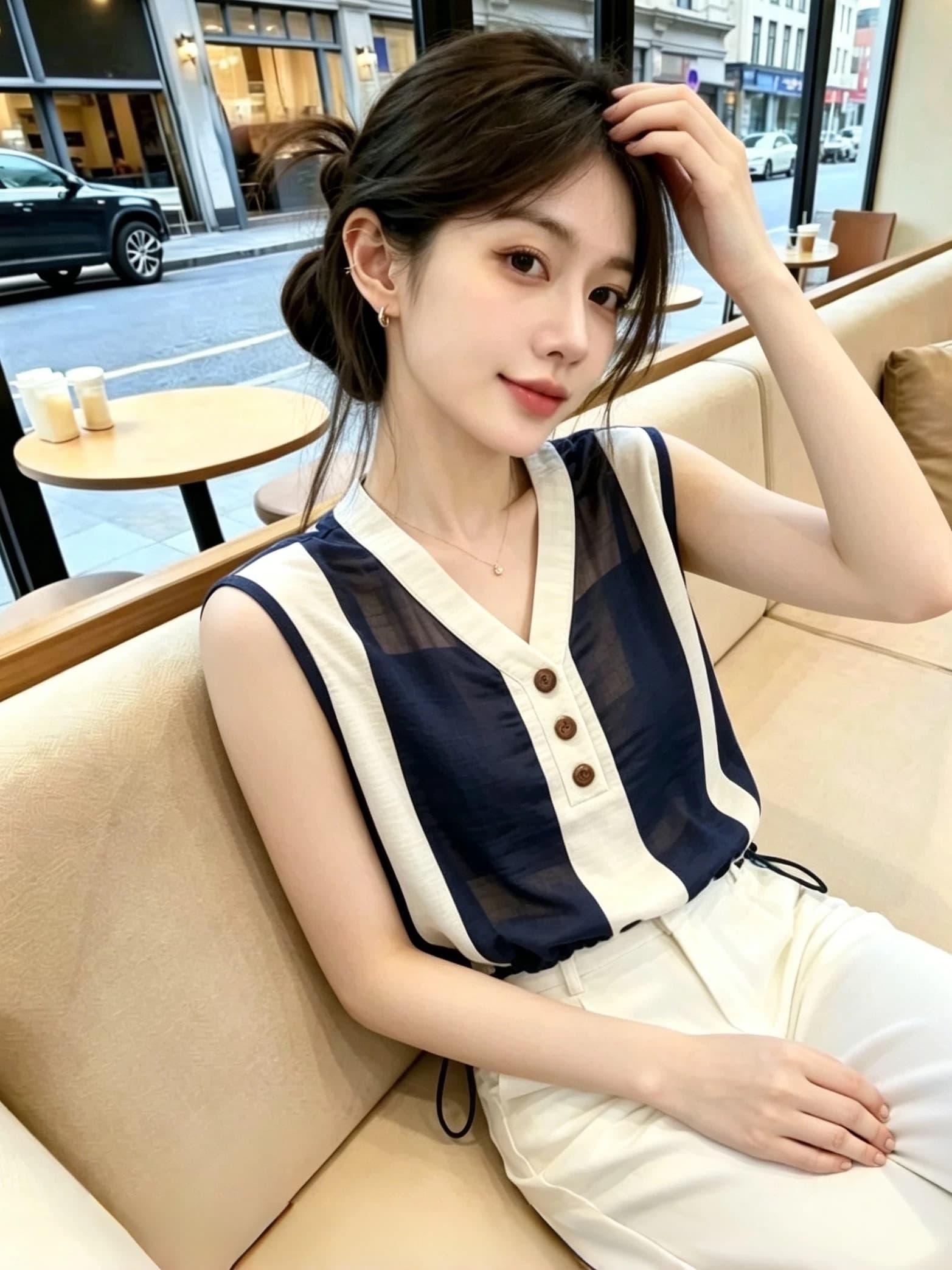 패션 배색 스트라이프 V넥 민소매 셔츠 여성 여름 새로운 작은 셔츠 올해 인기 외국 가스 연령 감소 맨위 상세 이미지 1