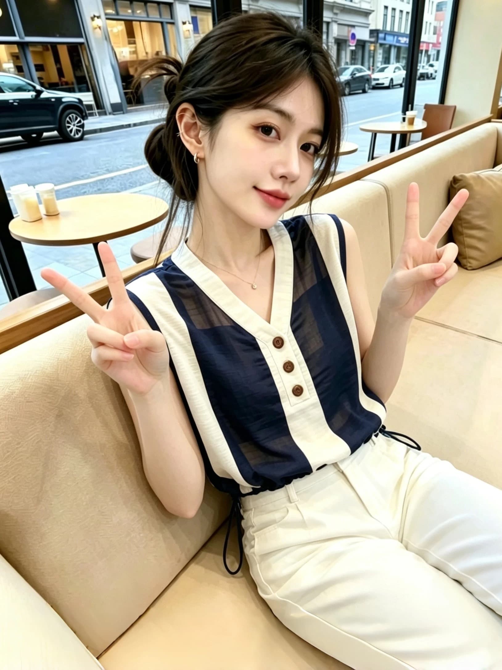 패션 배색 스트라이프 V넥 민소매 셔츠 여성 여름 새로운 작은 셔츠 올해 인기 외국 가스 연령 감소 맨위 상세 이미지 4