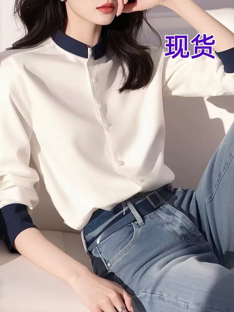 프랑스식 빛 럭셔리 긴팔 여성 셔츠 디자인 센스 작은 대중 봄 가을 고유 한 Chic 슈퍼 잘 생긴 패치워크 색상 아름다운 맨위