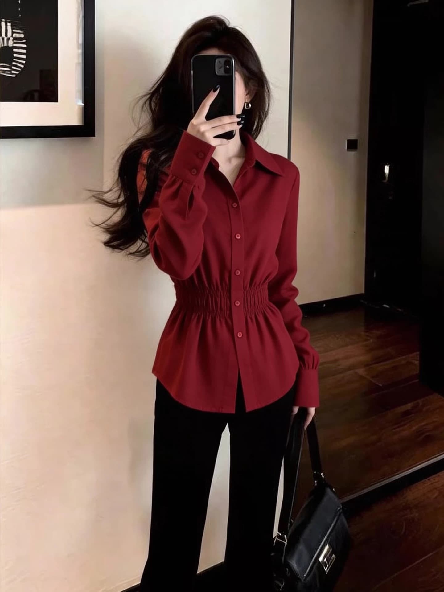 외국 가스 세련된 미니멀리즘 숙련 된 일상 출퇴근 슬림해 보이는 디스플레이 화이트 빨간색 여성 셔츠 2026 봄 얇은 스타일 허리 수축 오픈 가디건 이미지 3
