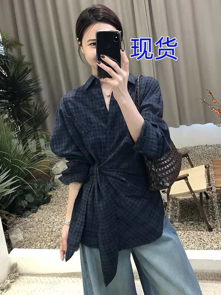 불규칙 배색 체크무늬 레이스업 긴팔 여성 셔츠 2026 새로운 이른 가을 허리 수축 슬림해 보이는 캐주얼 고유 한 맨위